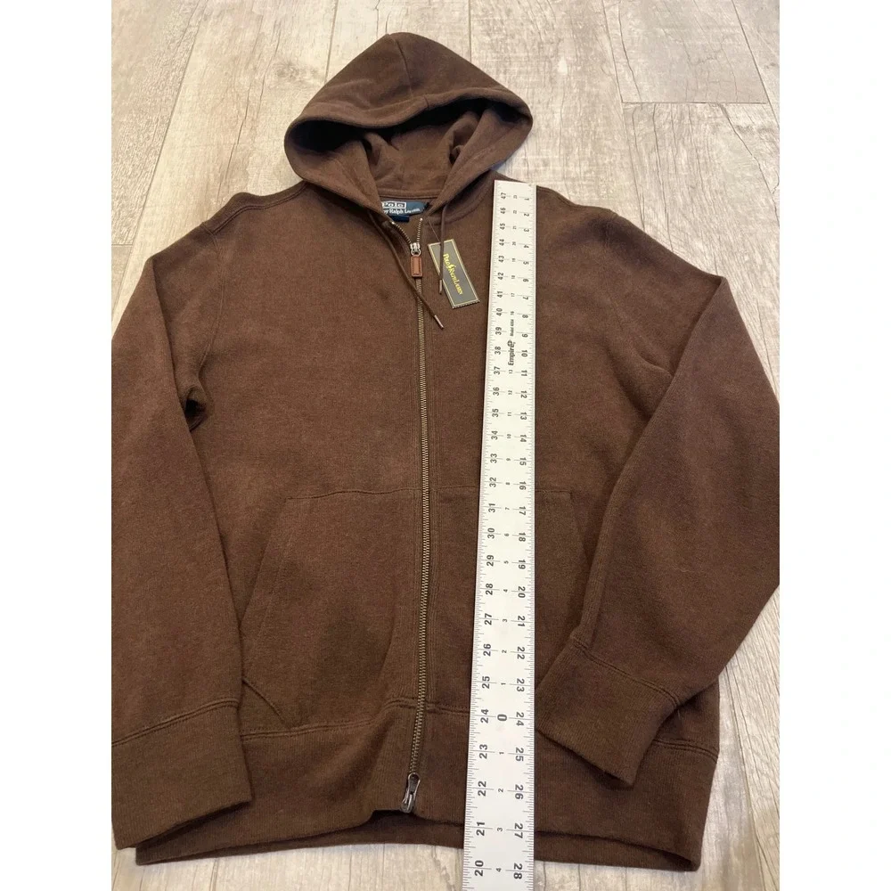 Polo Ralph Lauren Mens Brown Cotton Knit Full Zip Hoodie Teal Pony Logo Size M